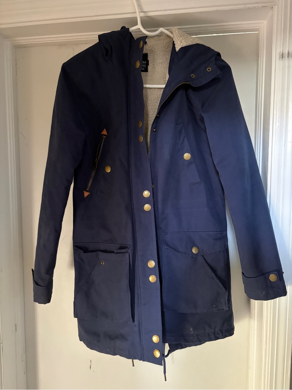 Volcom Navy Hooded Trench Coat with Sherpa Lining